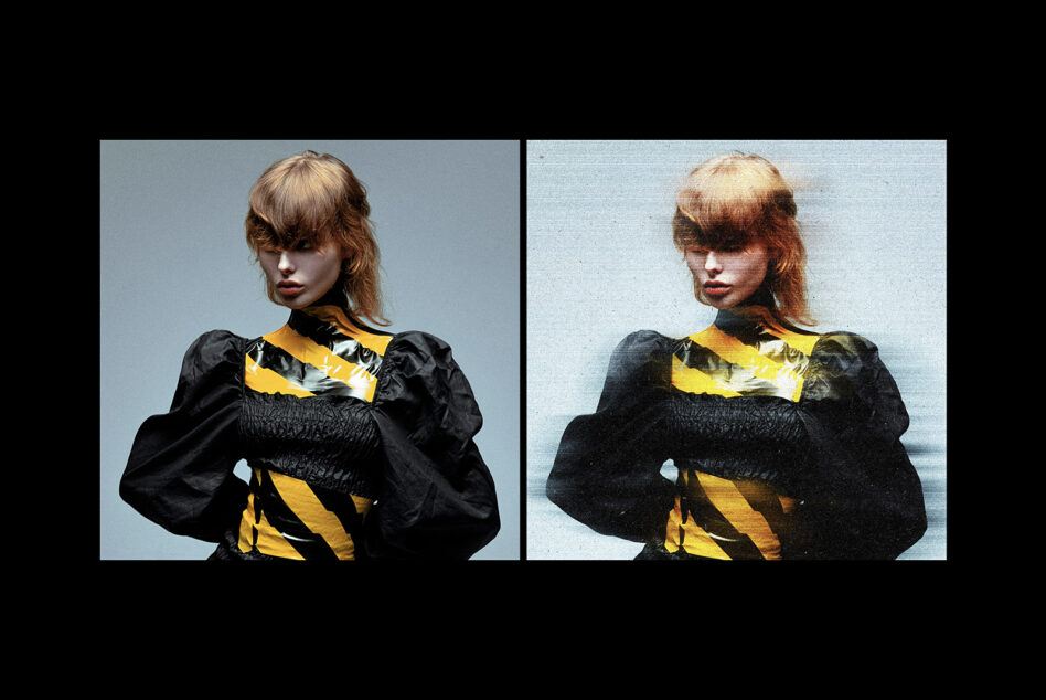 Split screen portraits comparing textured film grain versus smooth color grading