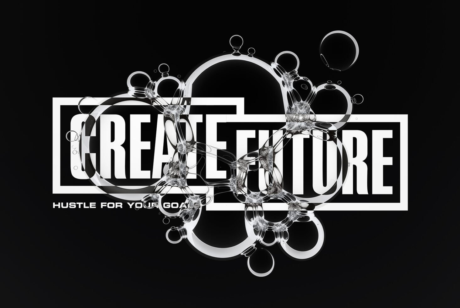 Bold typography design with futuristic bubbles overlay on create future text suitable for graphic design templates and digital art projects.