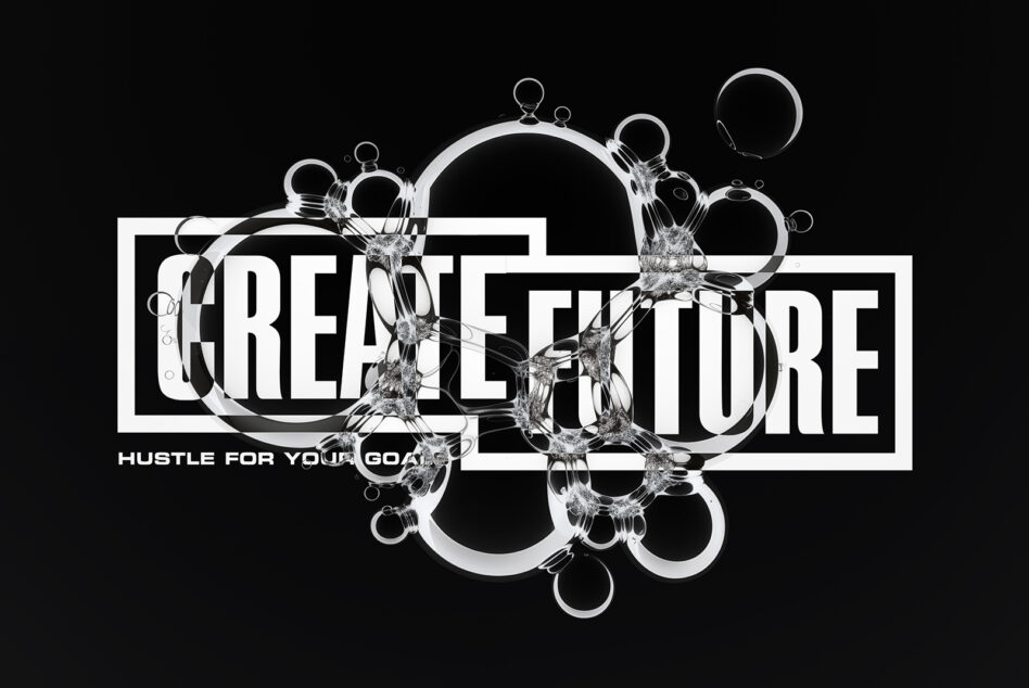 Bold typography overlaid with shattered glass objects on black background
