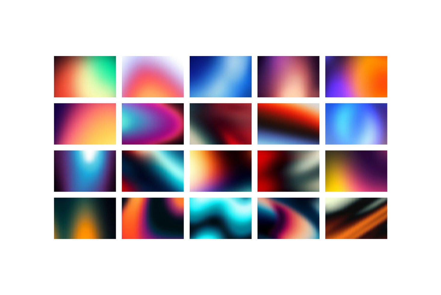 Collection of 18 vibrant abstract gradient backgrounds in vertical pattern for graphic designs and templates. Ideal for creative digital mockups.