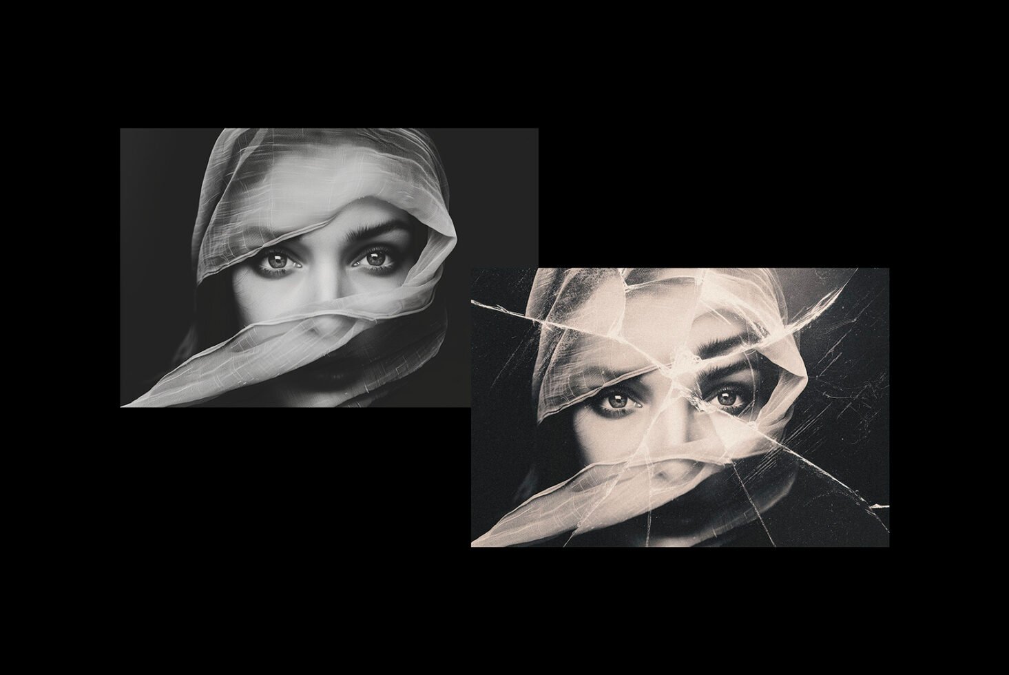 Black and white portraits of a veiled face with intense eyes in close-up, featuring creative use of textures. Ideal for graphic design and visual art projects.