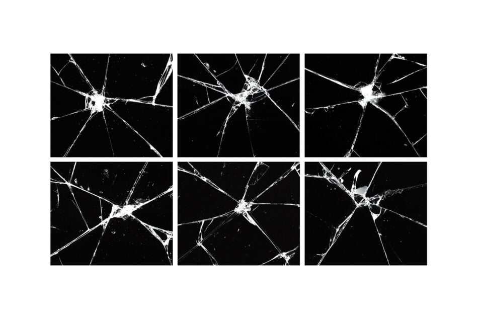 Six cracked glass textures on black background for designers. High-resolution graphics ideal for mockups, digital assets, templates, abstract designs.