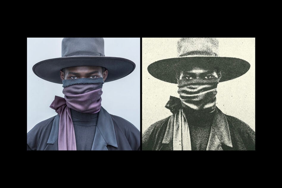 Side-by-side portrait of a man in a wide-brimmed hat and scarf, with one image in color and the other in vintage style. Ideal for graphic design.