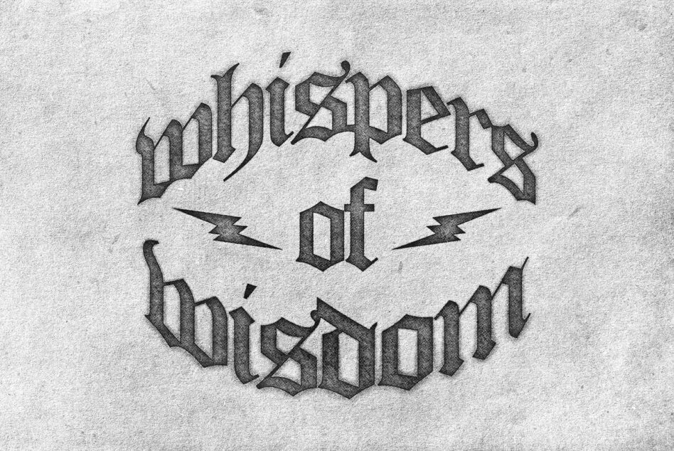 Whizzkids of Wisdom text in heavy gothic lettering with lightning bolt divider on concrete