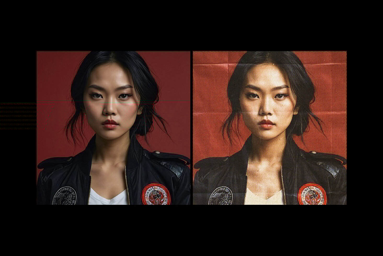 Dual portrait with halftone effect mockup showcasing young woman in leather jacket ideal for graphic design creative presentations and print effects.