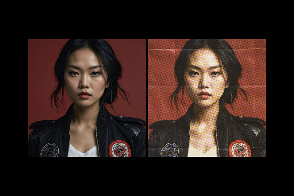 Before after comparison, woman in black leather jacket with patches, clean vs grainy halftone