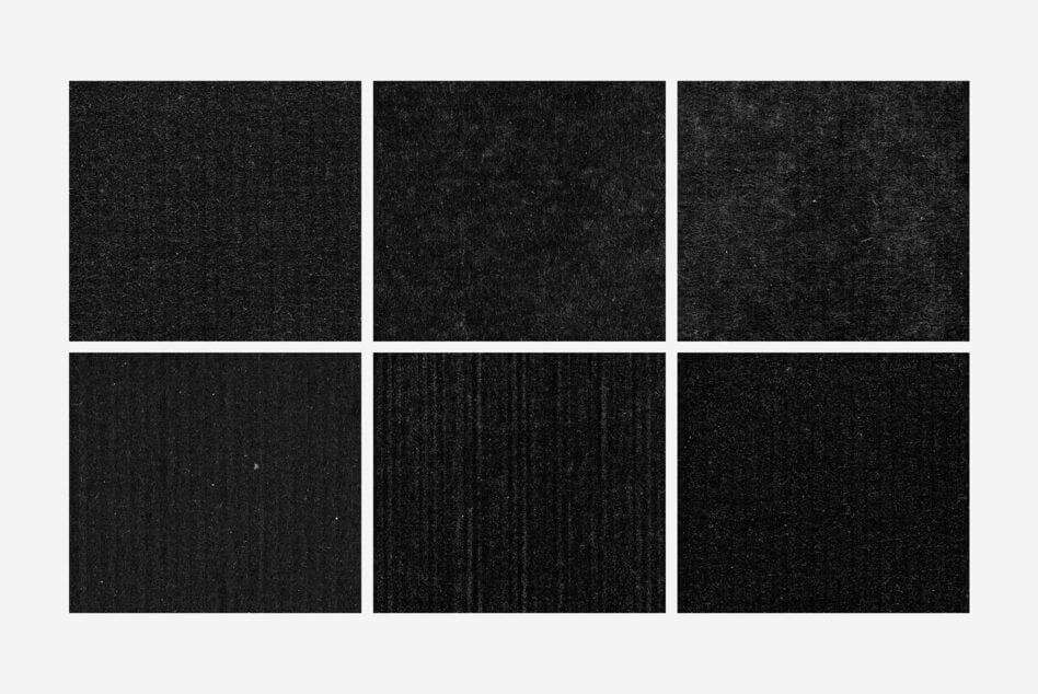 Six square dark grainy texture samples arranged in a 3x2 grid on light background