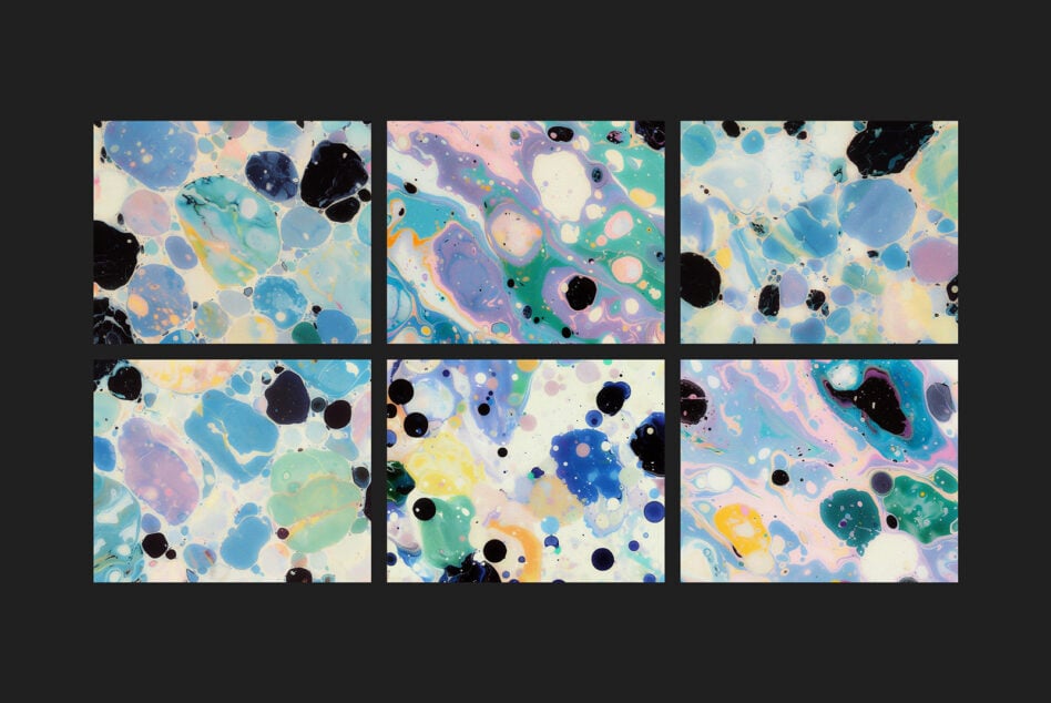 Grid of six paint splash textures mixing pastels with dark liquid shapes