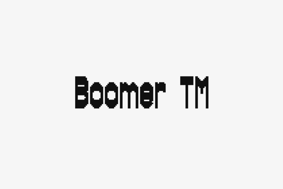 Bold pixelated font displaying Boomer TM on a white background. Ideal for digital designs. Perfect for designers seeking unique typography assets.