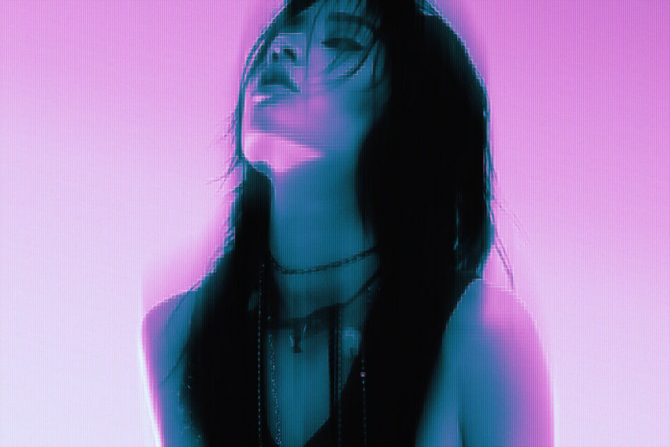 Woman with closed eyes, pink cyan scanline effect, moody neon portrait
