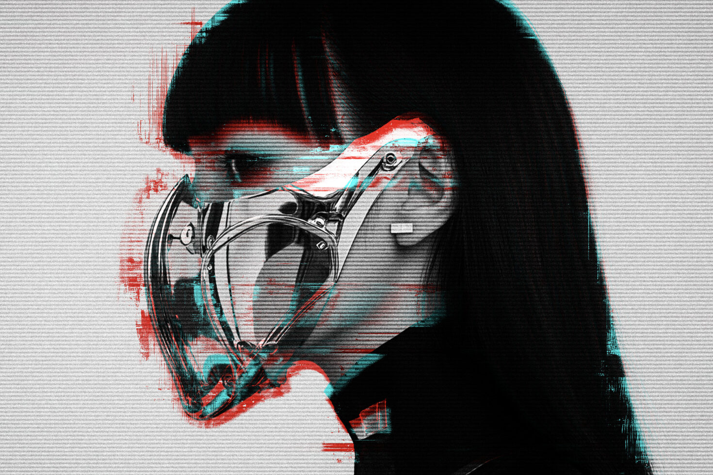 Glitch art graphic of a person wearing a futuristic mask in profile, emphasizing cyberpunk themes and design aesthetics suitable for digital designers.
