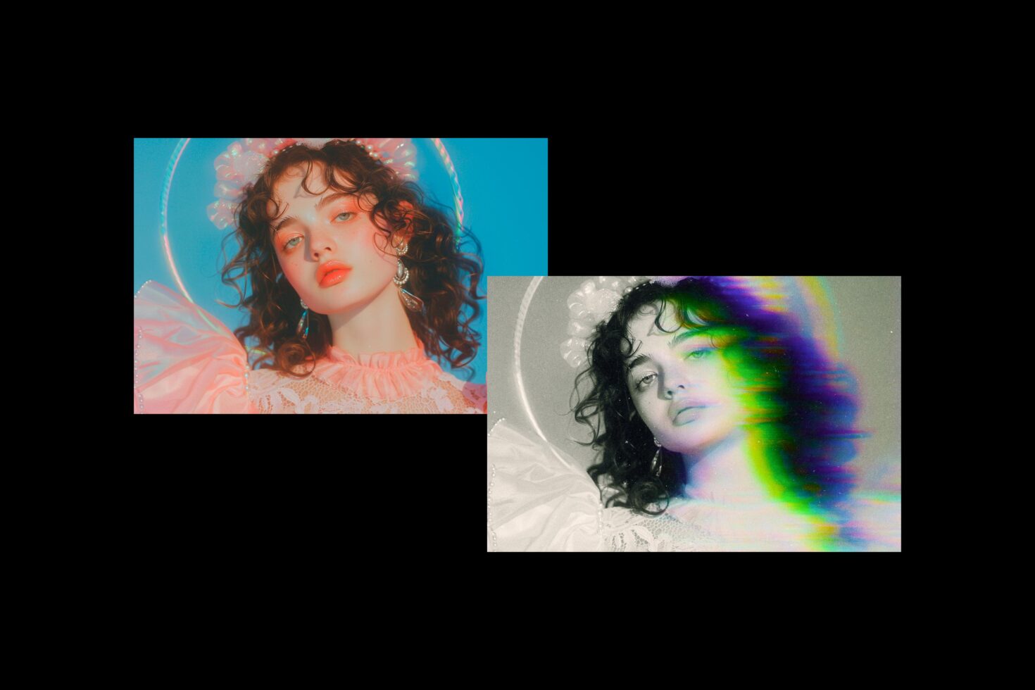 Portrait design with vibrant and monochrome effects showcasing artistic graphic editing ideal for digital graphics and mockups for designers.