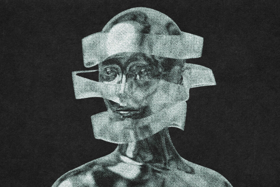 Surreal abstract graphic featuring a human-like figure with layered translucent elements. Ideal for creative design projects and artistic inspiration.