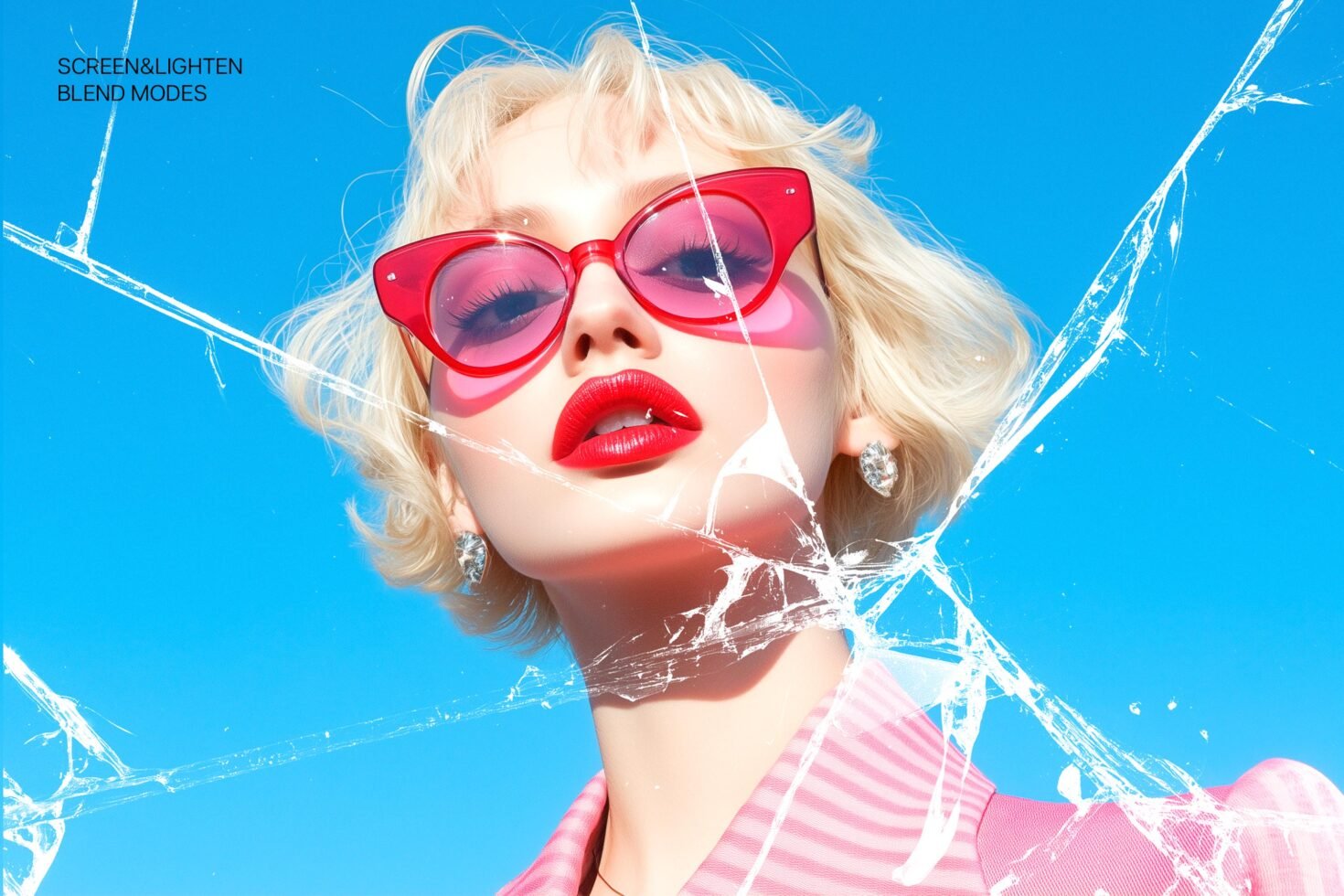 Blonde woman in pink sunglasses looking up against blue sky with cracked glass effect overlay. Perfect for graphic design projects and creative templates.