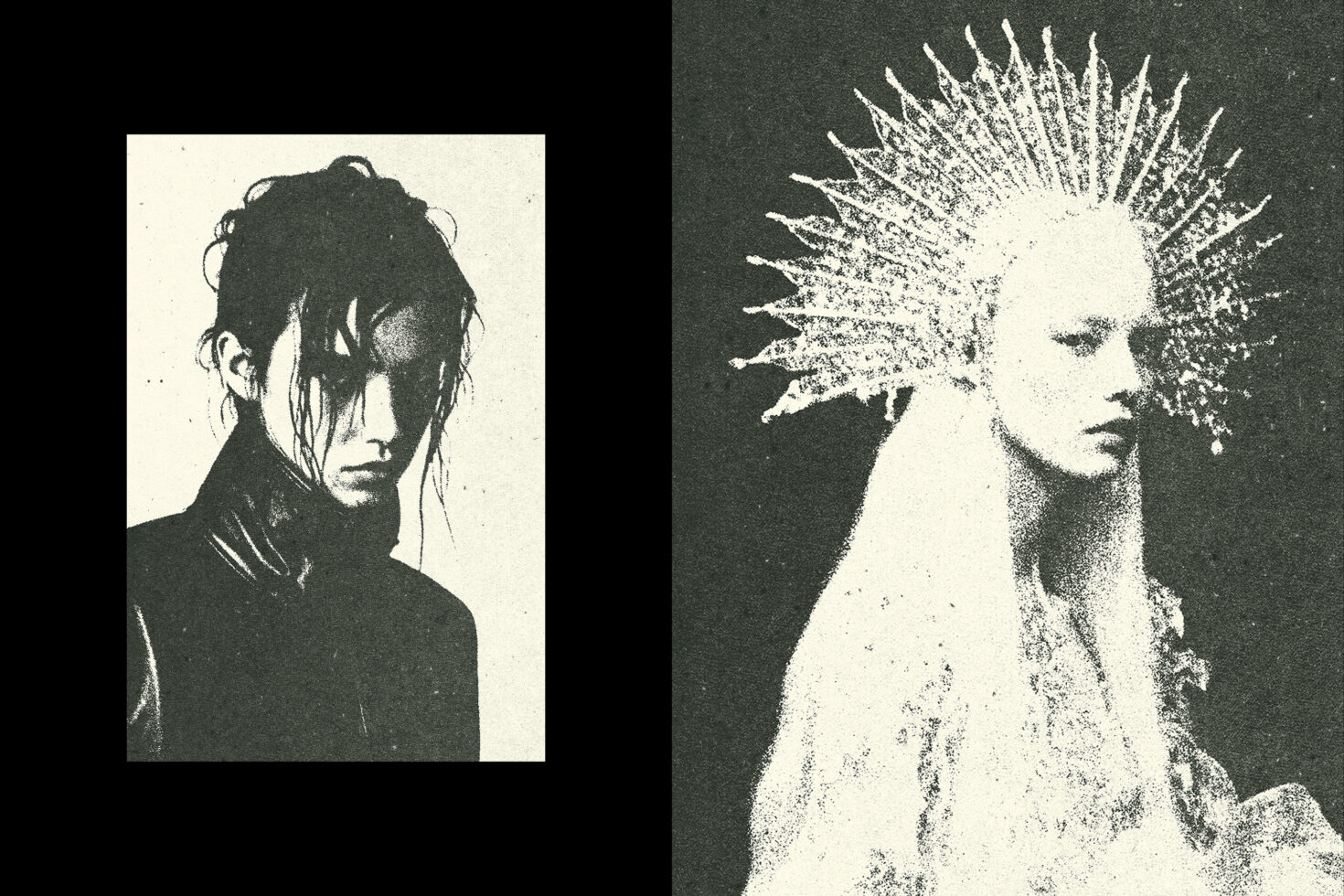 Gothic collage art featuring contrast of two ethereal figures, digital graphic design, distressed texture, monochrome, moody aesthetic, vintage art style.