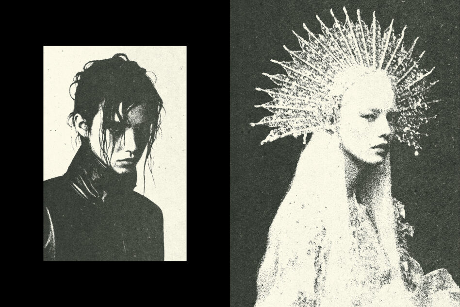 Gothic collage art featuring contrast of two ethereal figures, digital graphic design, distressed texture, monochrome, moody aesthetic, vintage art style.