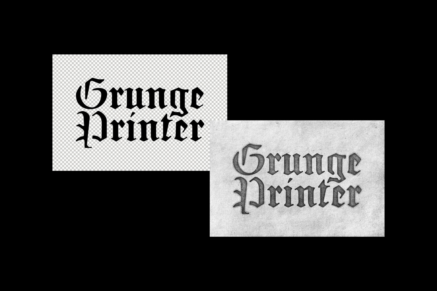 Grunge Printer textured font displayed on transparent and gray backgrounds perfect for graphic designers typography mockups and vintage design projects.