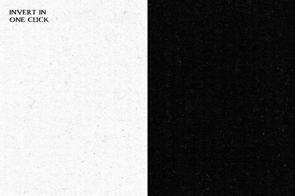 Split composition with cream speckled texture on left side, black on right, invest in one click text