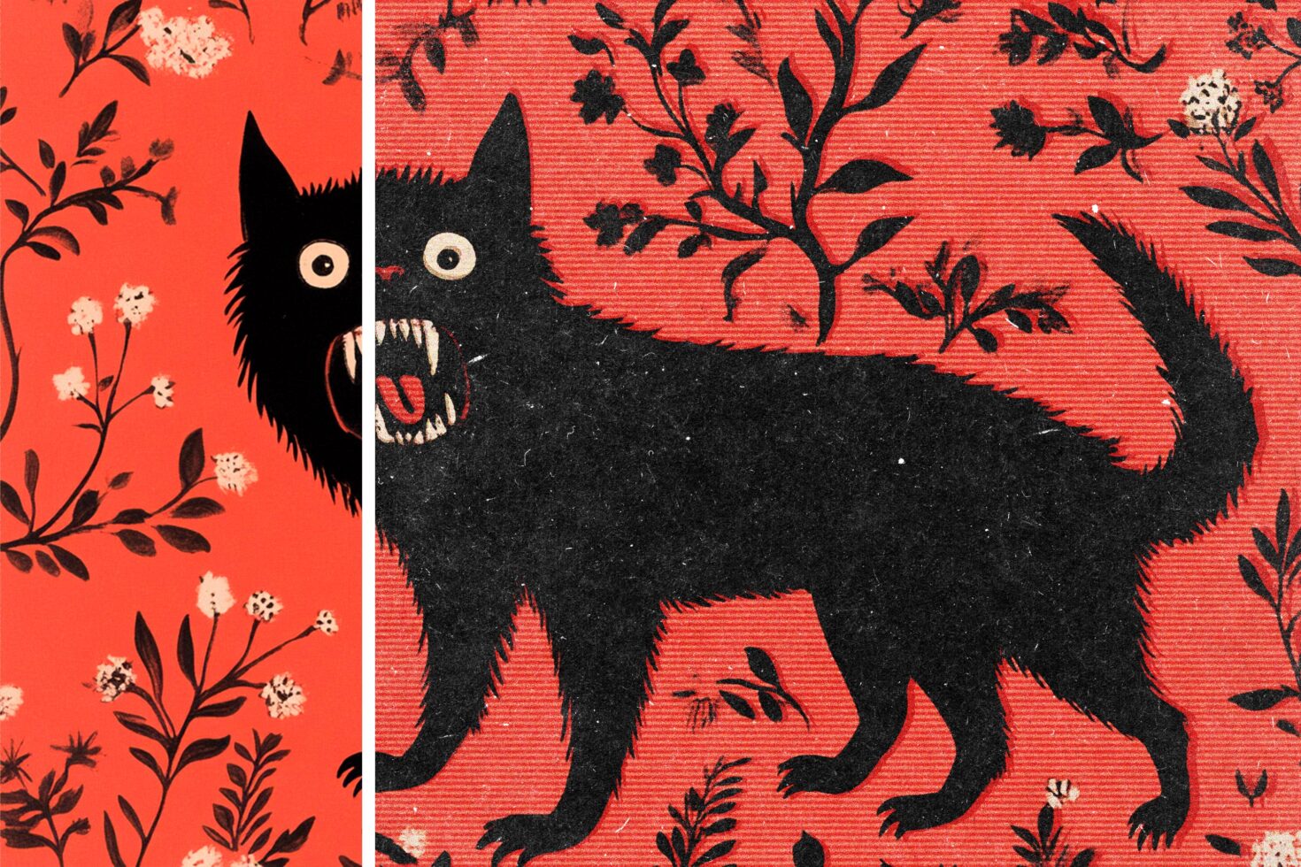 Vintage graphic design featuring a black cat with bared teeth against a patterned red backdrop with floral accents. Perfect for Halloween templates and art.