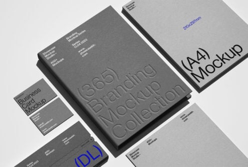 Mockup collection featuring branding presentation elements on gray backgrounds. Ideal for designers seeking professional mockups, business cards, A4 templates.