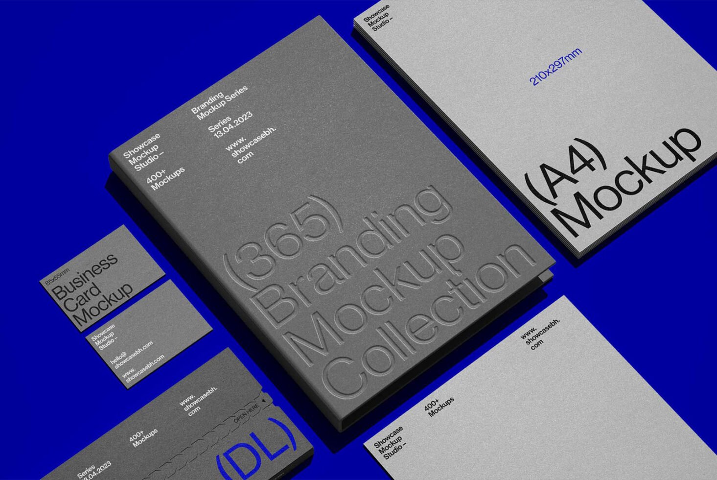 Mockup collection featuring business card, A4 paper, and DL envelope on a blue background. Ideal for branding design. Keywords: mockup, branding, design.