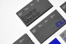 Envelope mockup featuring minimalistic design and typography on dark paper. Perfect for branding, stationery, and showcasing design elements.