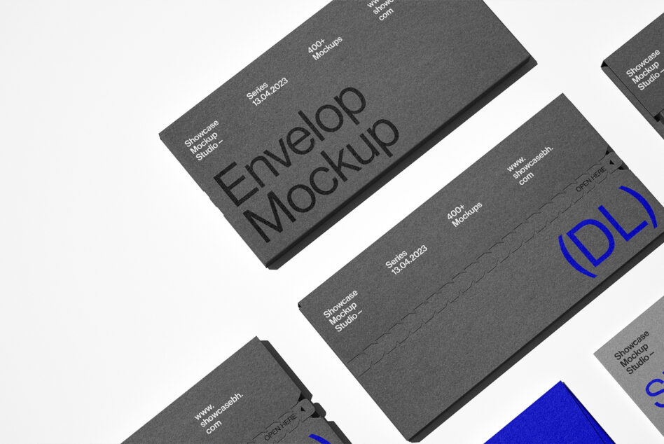 Multiple envelope mockups fanned out on clean white background 3D perspective