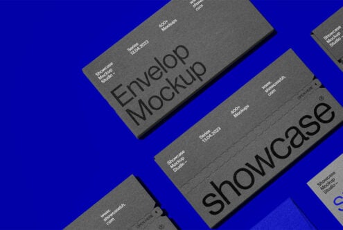 Envelope mockup design on a bold blue background featuring multiple black envelopes with text highlighting Showcase Mockup Studio and series details.