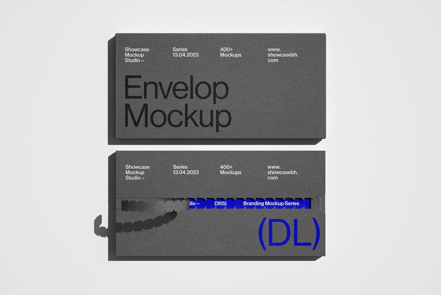 Envelope mockup stacked view with DL branding label on neutral background