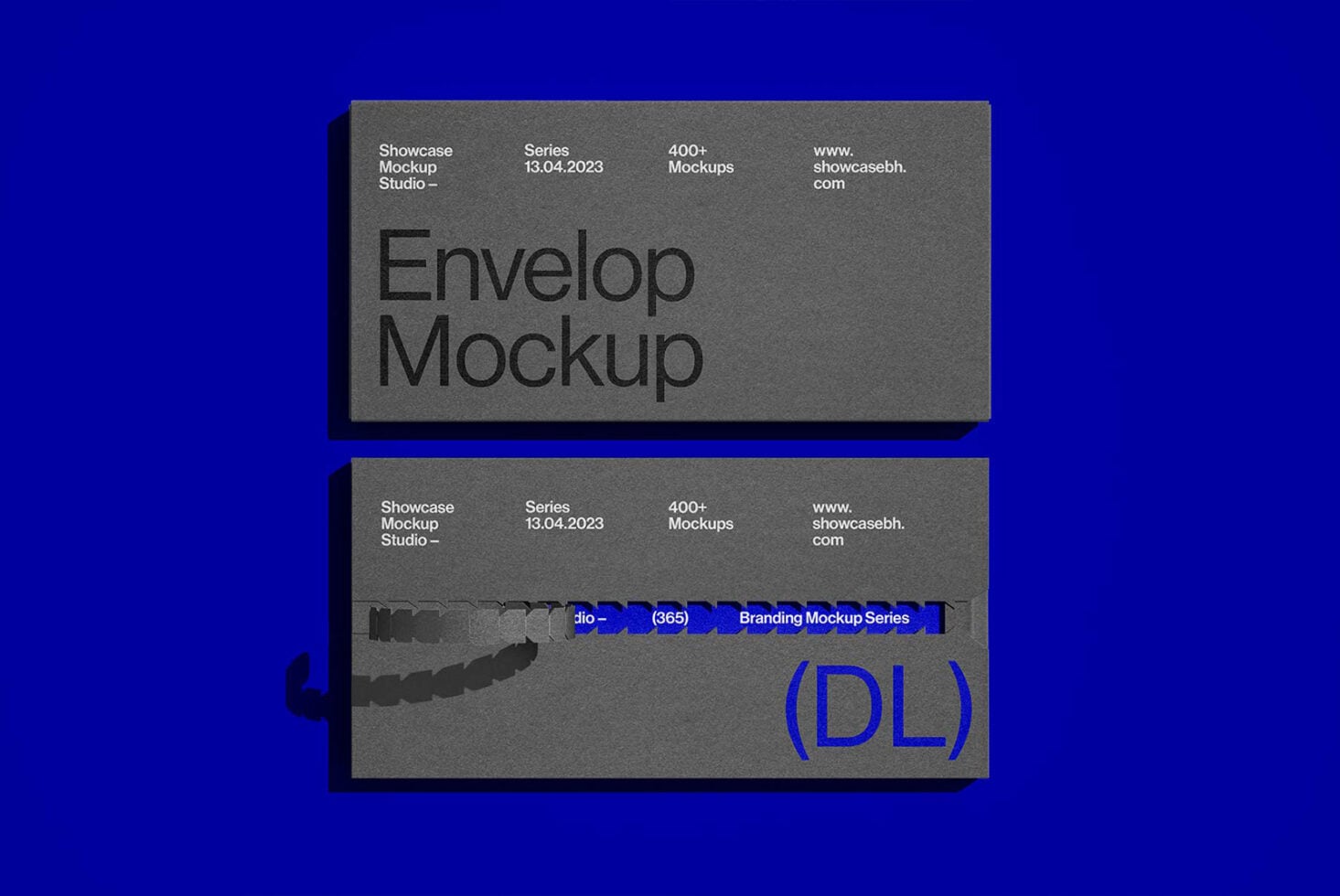 Envelope mockup on bright blue background with DL branding label