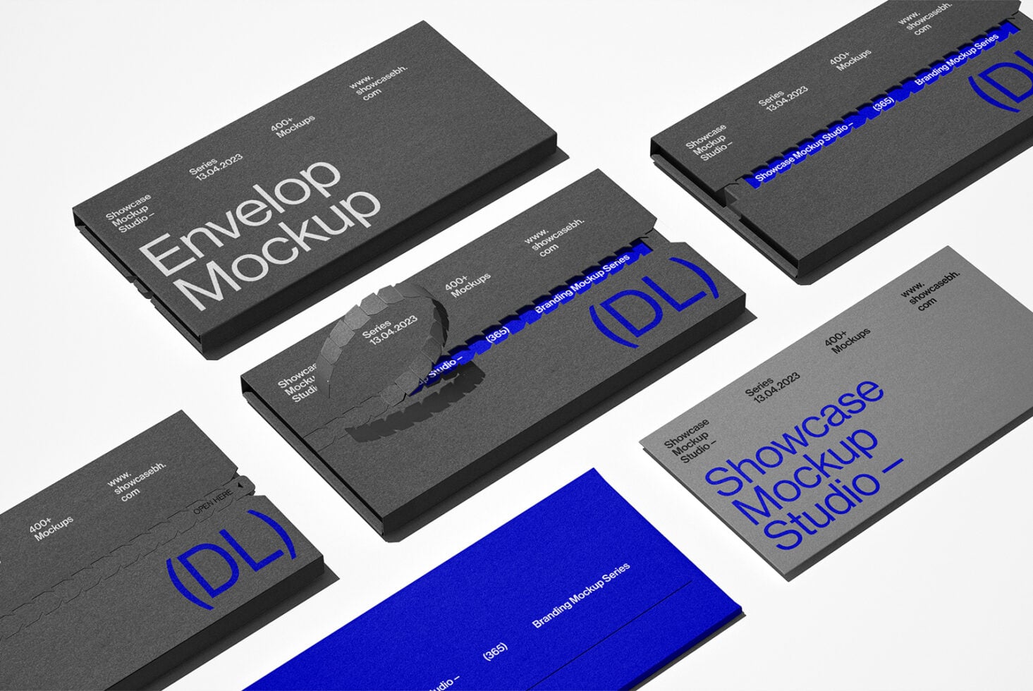 Angled view of business card, envelope, tag mockups on light background