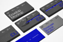 Angled view of business card, envelope, tag mockups on light background
