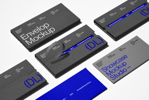 Envelope mockup design featuring modern, sleek dark gray and vibrant blue colors. Ideal for branding and showcasing creative design presentations.