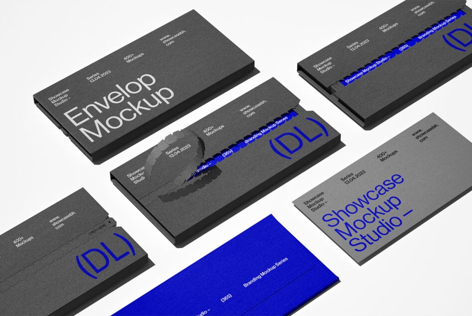 Angled view of business card, envelope, tag mockups on light background