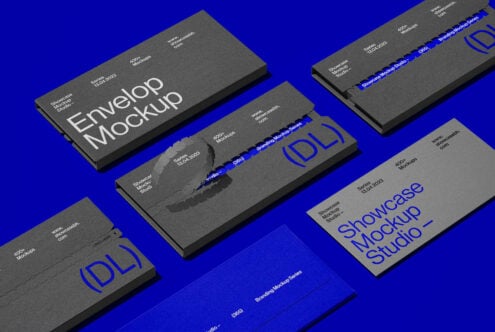 Envelope mockup set showcasing sleek dark design on bright blue background. Perfect for branding presentations, stationery templates, and graphic design.