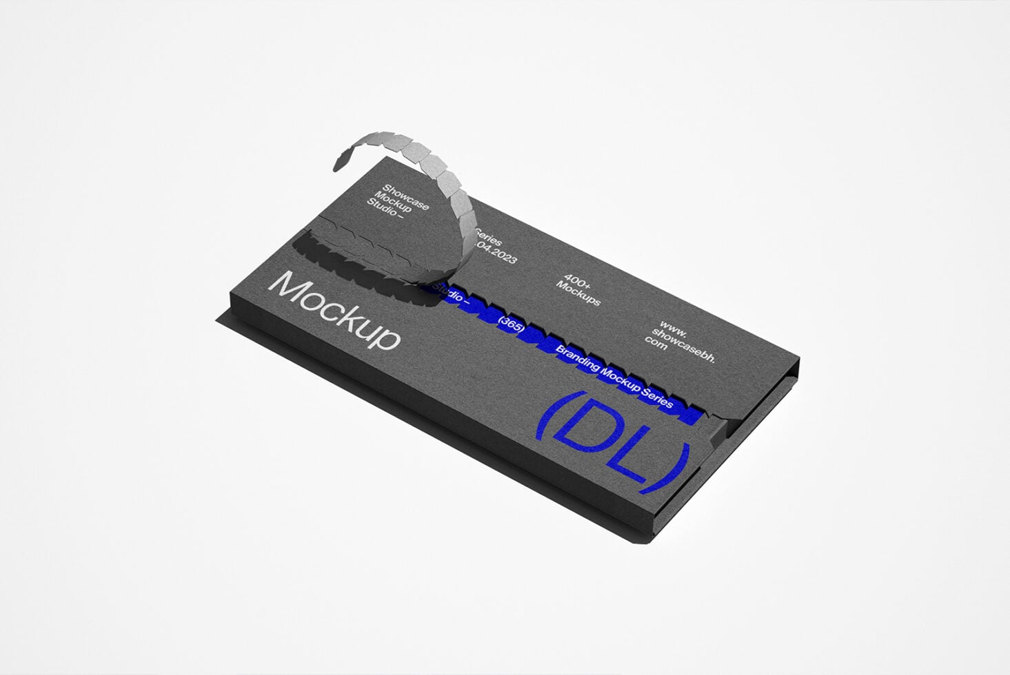 Dark business card with blue hang tag on neutral background