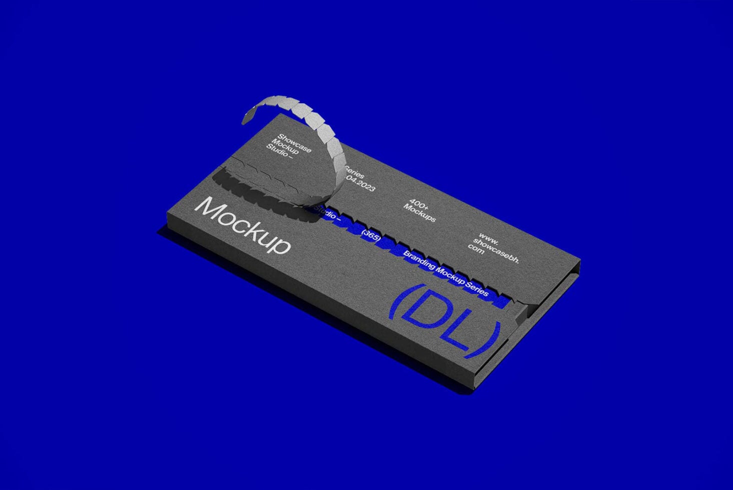 Dark business card mockup with hanging tag on bright blue background