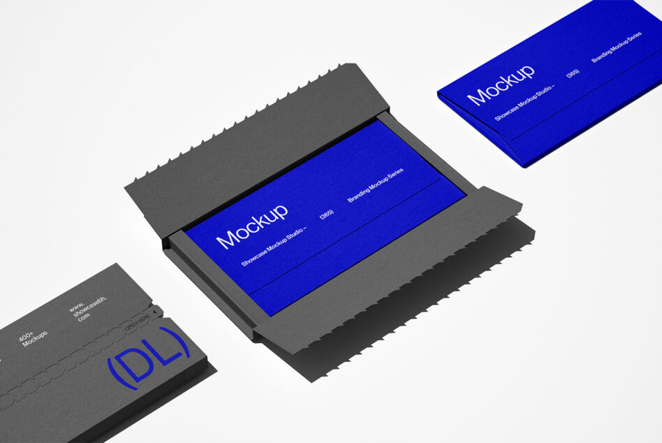 Isometric 3D view of blue stationery mockups on neutral light background