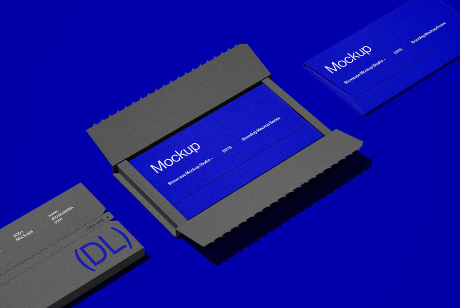 Isometric 3D composition of blue branding materials on bright blue surface