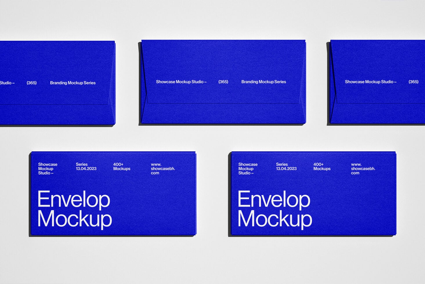 Bright blue envelope mockups shown closed, open, displayed at angles