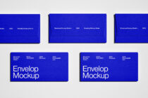 Bright blue envelope mockups shown closed, open, displayed at angles