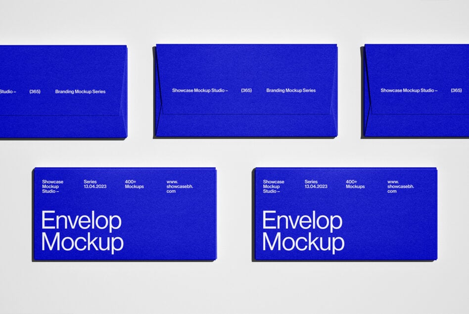 Bright blue envelope mockups shown closed, open, displayed at angles