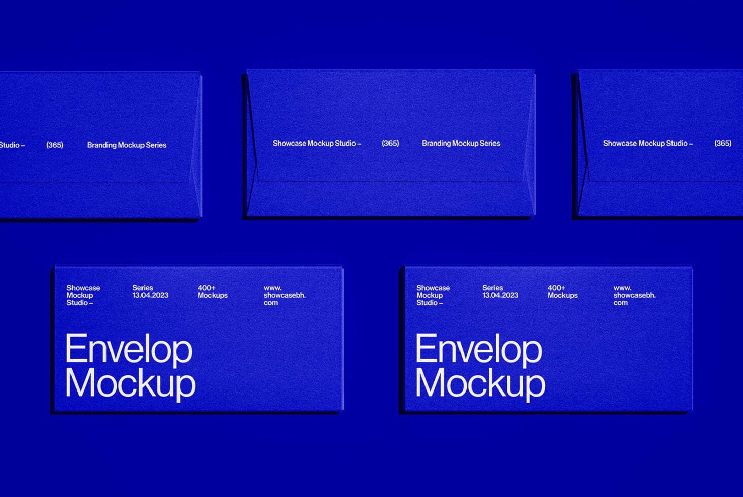 Bright blue envelope mockup showcasing front back flap with branding text layout
