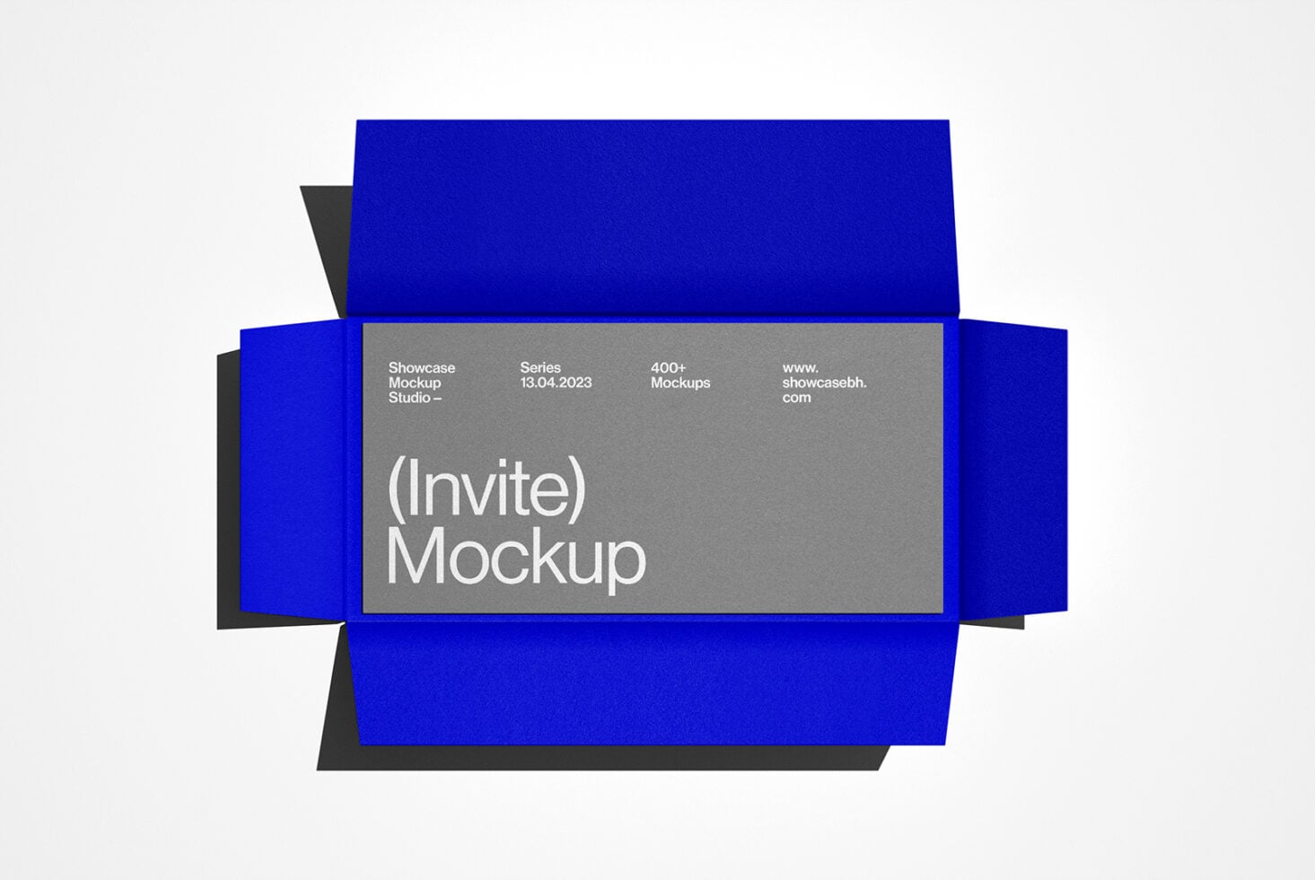 Invite mockup on light background with blue geometric shapes surrounding gray label card