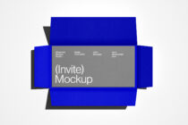 Invite mockup on light background with blue geometric shapes surrounding gray label card