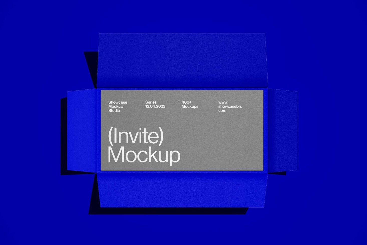 Invite mockup on blue background with gray label card showing Showcase Studio branding