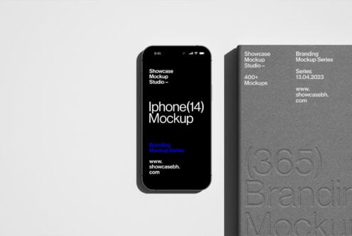 iPhone 14 mockup showcasing branding design series next to textured book. Ideal for designers seeking high-quality device templates and graphic resources.