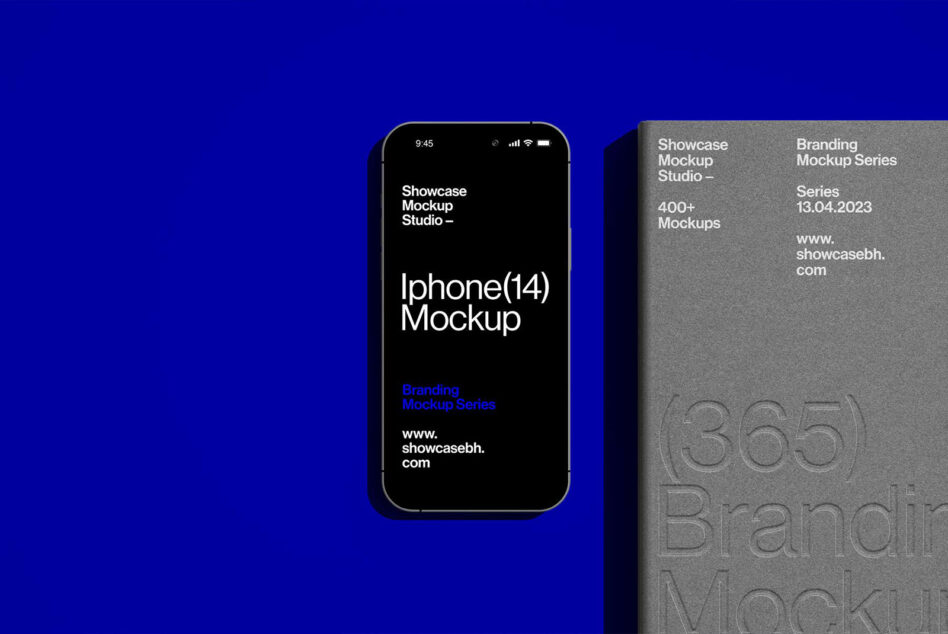 iPhone 14 displaying app interface next to branding mockup card