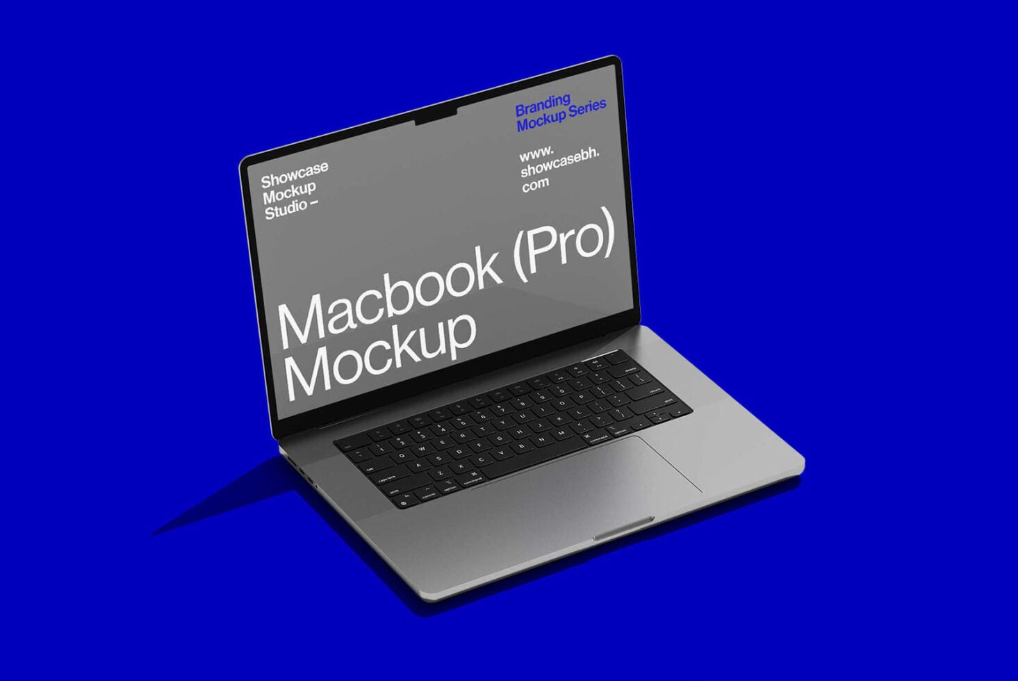 Open MacBook Pro displaying branding mockup series text on vibrant blue surface
