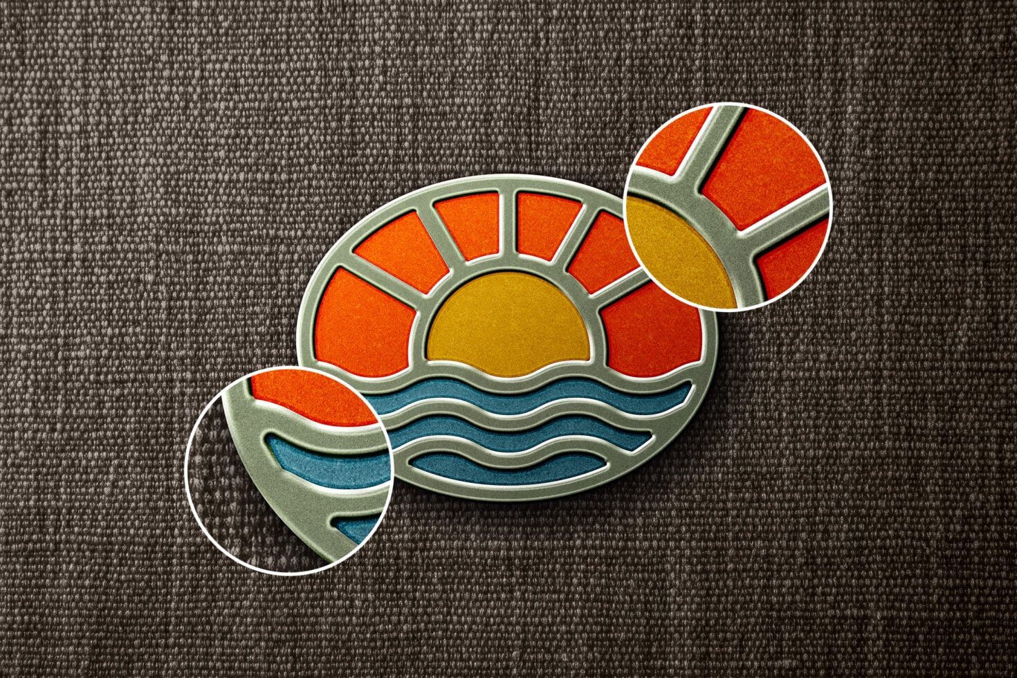 Stained glass logo mockup showing sun over water with zoomed detail